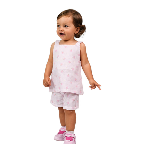 CONJUNTO BEBE NIÑA ESTAMPADO BLUSA TIRAS ANCHAS SHORT TEJIDO PLANO