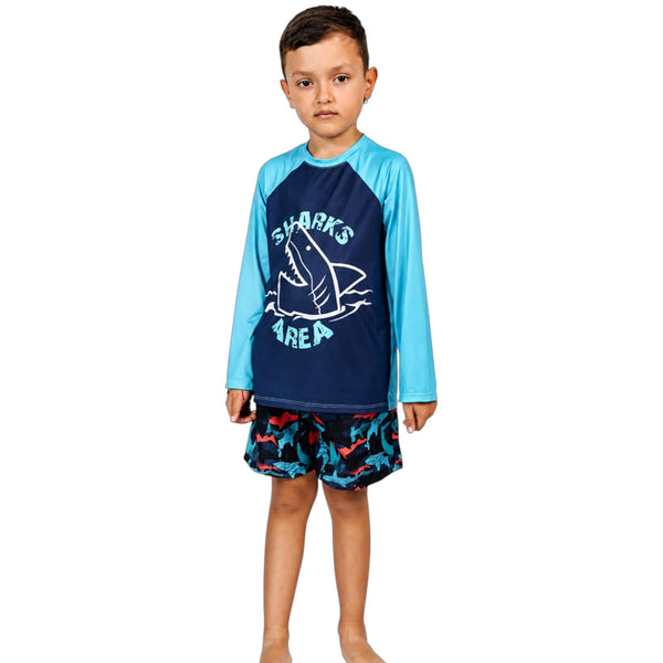 TRAJE DE BAÑO NIÑO MANGA LARGA RANGLAN PANTALONETA ESTAMPADA