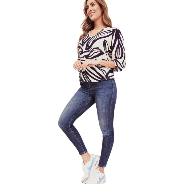 BLUSA MUJER MANGA 3/4 ESCOTE EN V ESTAMPADA TEJIDO PLANO