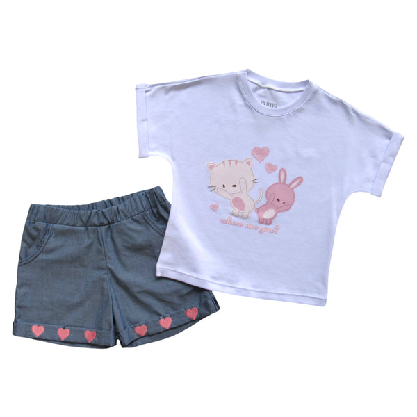 CONJUNTO BEBE NIÑA CAMISETA ALGODON LYCRA SHORT JEAN BORDADO