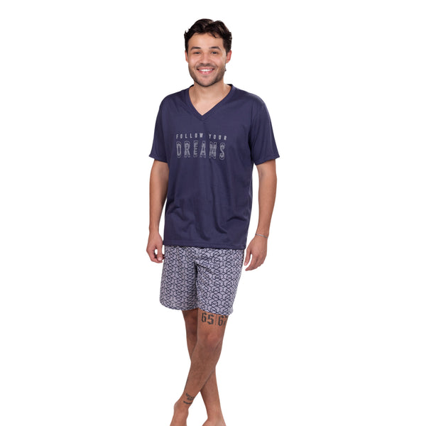 PIJAMA HOMBRE CAMISETA CUELLO V MANGA CORTA FONDO ENTERO SHORT ESTAMPADO