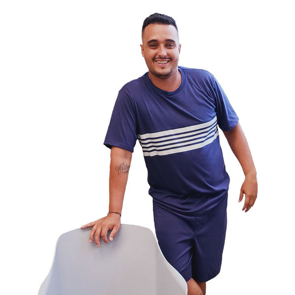 PIJAMA HOMBRE MANGA CORTA CUELLO REDONDO RAYAS FRENTE  SHORT