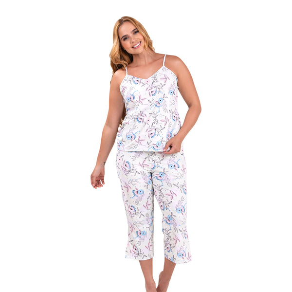 PIJAMA DAMA BLUSA DE TIRAS Y CAPRY CON ABERTURA