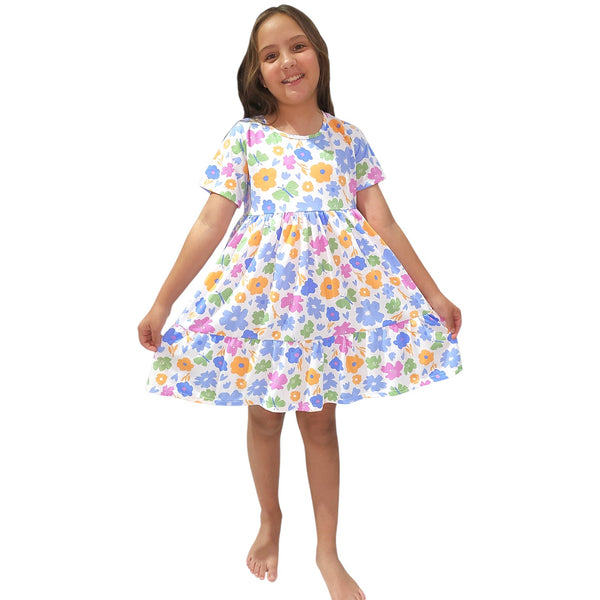 VESTIDO NIÑA MANGA CORTA CORTES ESTAMPADO CONTINUO